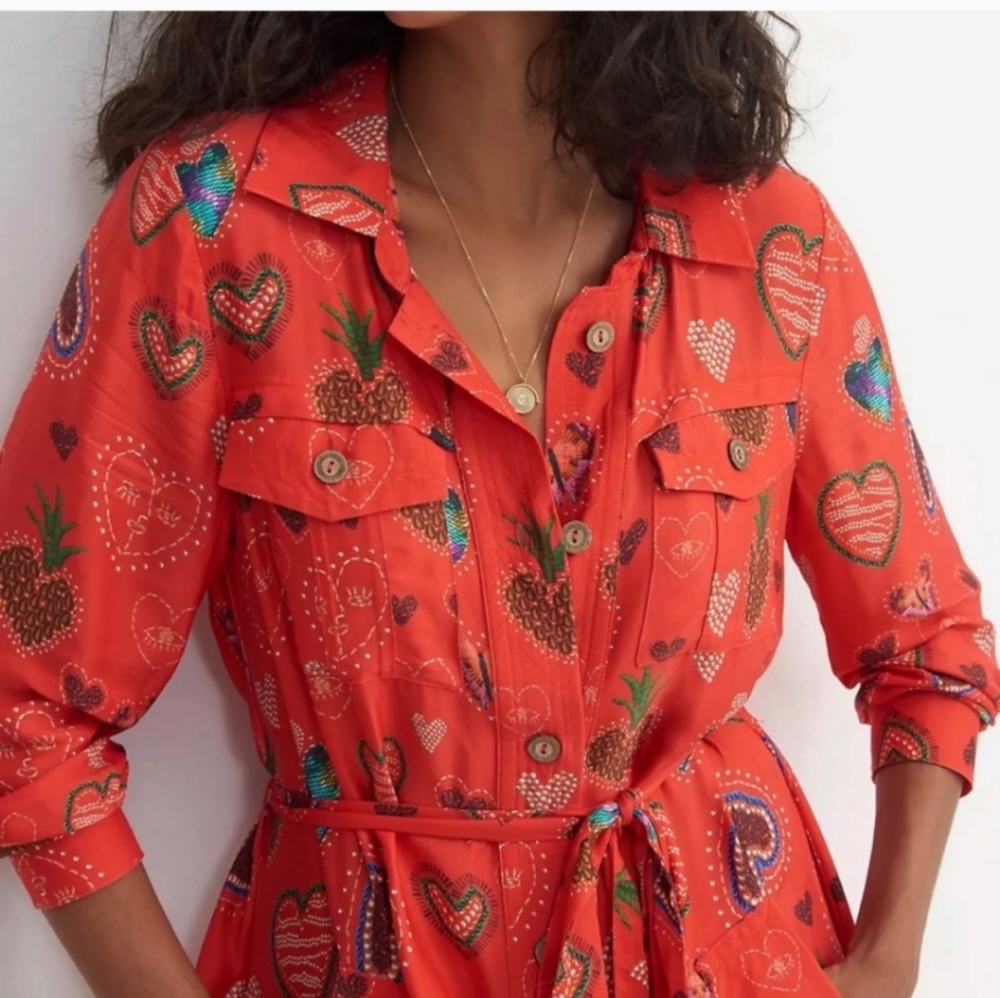 Farm Rio Conversational Hearts Midi‎ Shirtdress Belted Long Sleeve - Picture 2 of 10